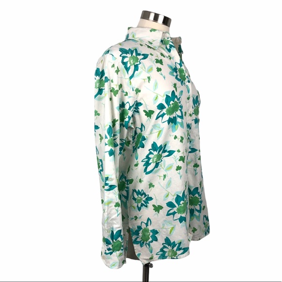 Kim Rogers Linen & Cotton Floral Button Down Top with Roll Tab Sleeves - Picture 9 of 12